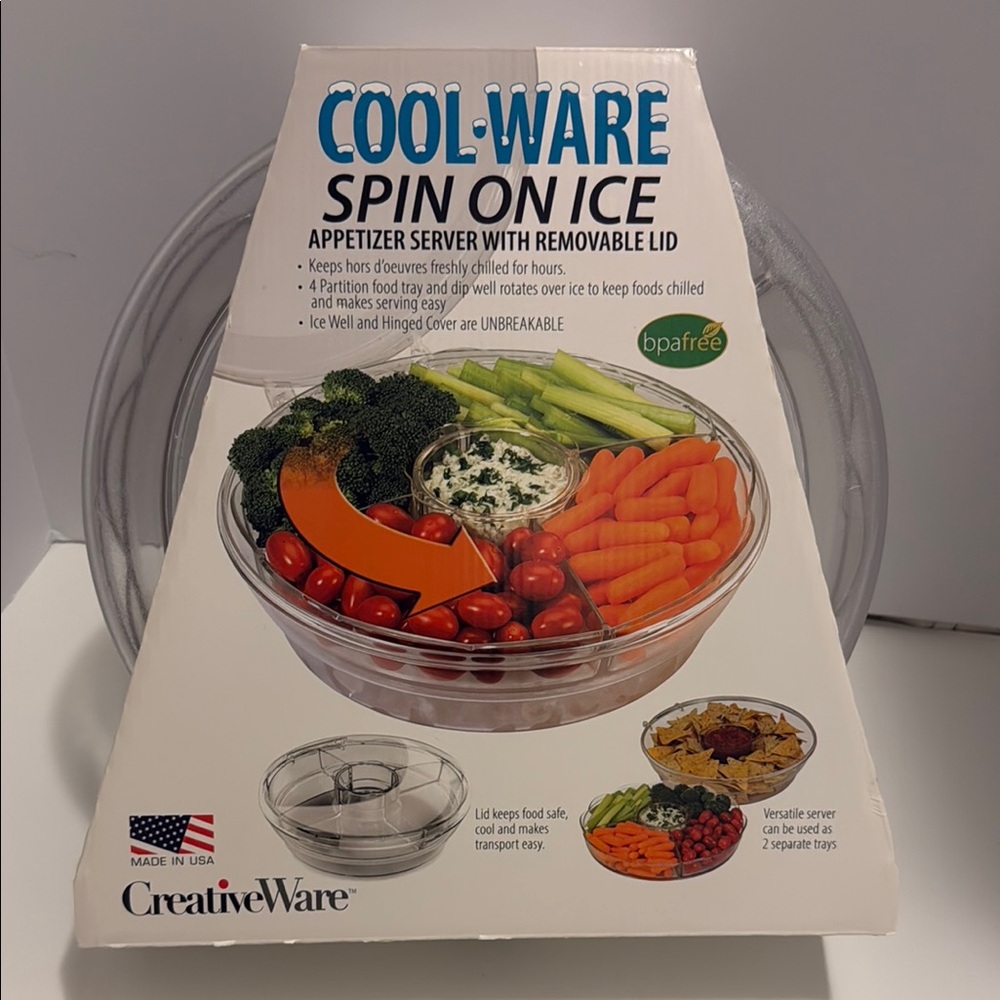 CreativeWare Cool Spin On Ice 4 Piece Appetizer Serving Tray Clear USA Made NIB